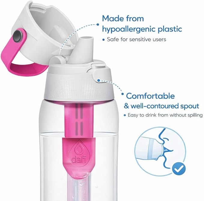 Dafi Filtered Water Bottle with Straw 17 oz - Sports Water Bottle Reusable with Carbon Filter for Gym, Travel, Daily Use - Leakproof, BPA-Free with Hypoallergenic Mouthpiece & Carrying Handle - Pink