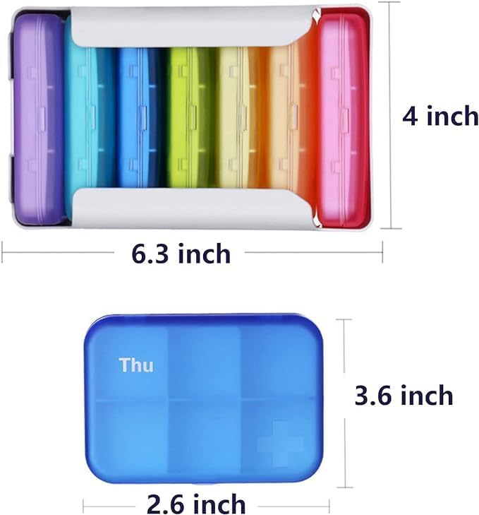 6 Times a Day, 7 Piece Set Pill Organizer-Weekly Daily Travel Medicine Multicolored Organizer,Portable 7 Day Pill Box with Moisture-Proof Pill Case Travel Pill Container for Vitamins Supplements