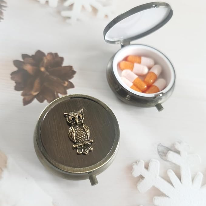 Vintage Metal Pill Box with Owl Design, Round Travel Pill Organizer, Small Bronze Portable Pill Box for Pocket or Purse,Decorative Metal Medicine Vitamin Pill Case Classical
