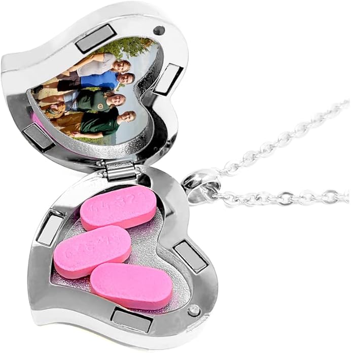 Amour Heart Pill Necklace - Polished Heart Locket with Strong Magnetic Closure - Medication Necklace - Keep Your Medication Securely with You at All Times - 26 Inch Chain