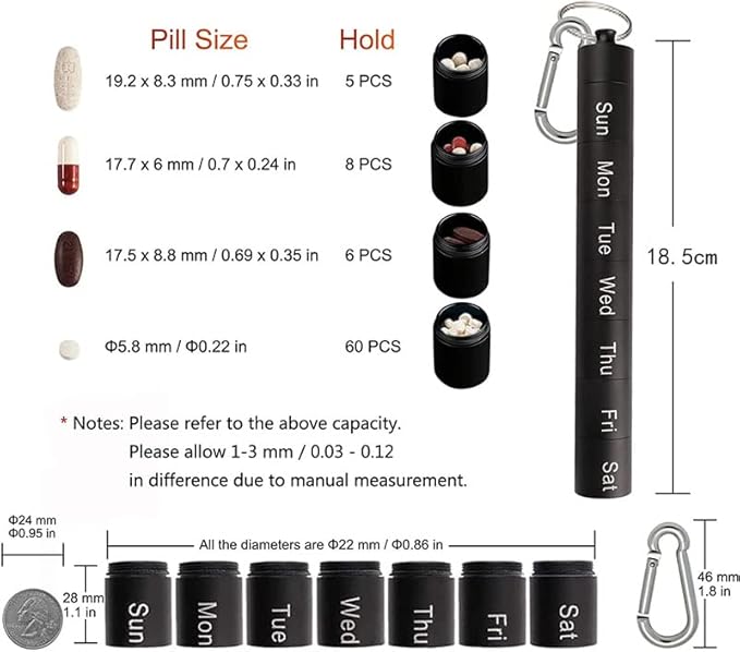 Tvoip Portable Pill Case Keychain Waterproof 7 Days Pill Holder Travel Pill Container Portable Medicine Keychain Daily Airtight Pill Organizer for Outdoor Camping Travel (Black)