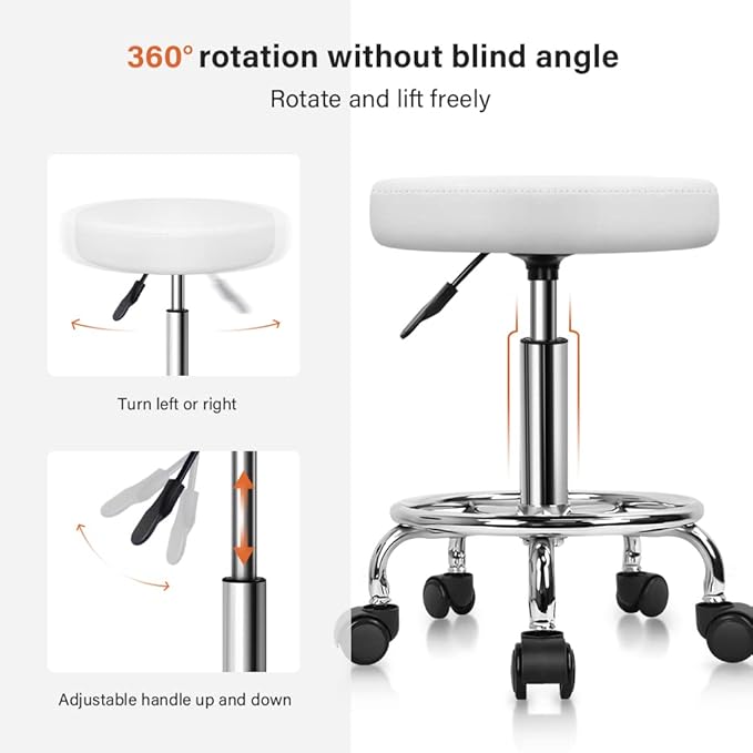 KKTONER PU Leather Round Rolling Stool with Foot Rest Swivel Height Adjustment Spa Drafting Salon Tattoo Work Office Massage Stools Task Chair Cushion 14 inches (White)