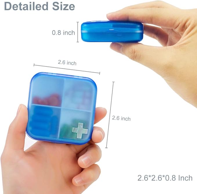2 Pack Portable Travel Pill Organizer Case for Pocket or Purse Cute Small Daily Pill Box BPA Free Plastic Medicine Vitamin Holder Container (4 Compartments)