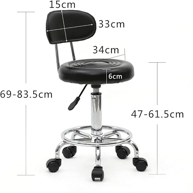 Round Rolling Bar Stool PU Leather with Wheels and Foot Rest, Height Adjustable Task Work Drafting Chair with Back for Salon Spa Tattoo Facial Medical Office Chairs (Black-with Back)