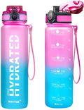 Water Bottle, 32 oz Sports Water Bottles with Time Marker Wide Mouth, Motivational and Leakproof Drink Bottle, BPA Free Tritan with Carry Strap for Gym Fitness Outdoor(1 Bottle)