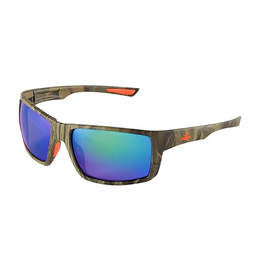 Bullhead Safety Eyewear Amberjack Glasses - Anti-Fog, Lightweight, Impact/Scratch Resistant, UV Blocking Sunglasses for Biking, Fishing, Driving, Green Mirror/Woodland Camo