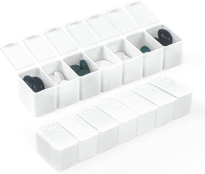 Weekly Small Pill Organizer, 7 Day Pill Case, Daily Vitamin Case Medicine Box, Pill Containers for Medicine Supplements Fish Oil(2Pcs,White)