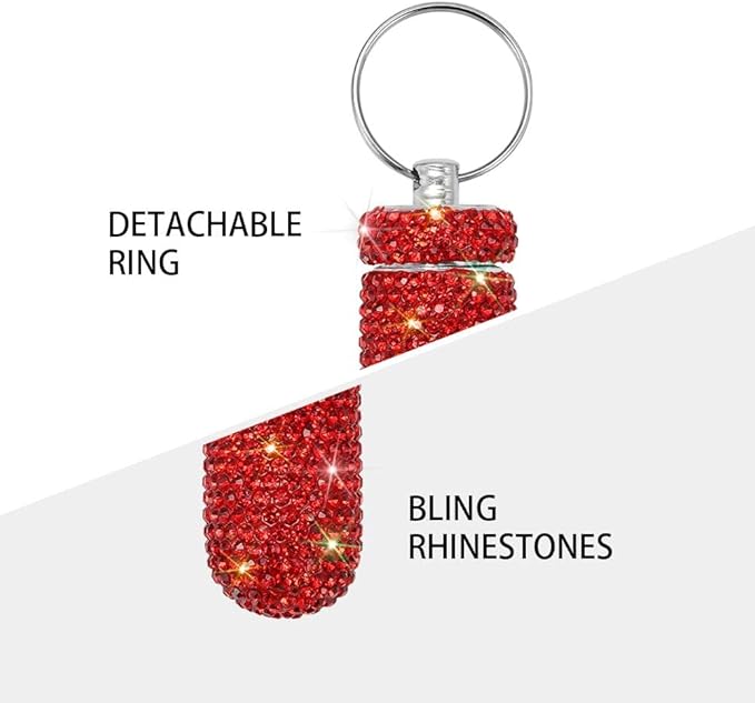 Portable Pill Case Pill Container Waterproof Pill Holder with Keychain Bling Pill Box Medicine Dispenser Bottle Storage for Outdoor Camping Travel (Red)