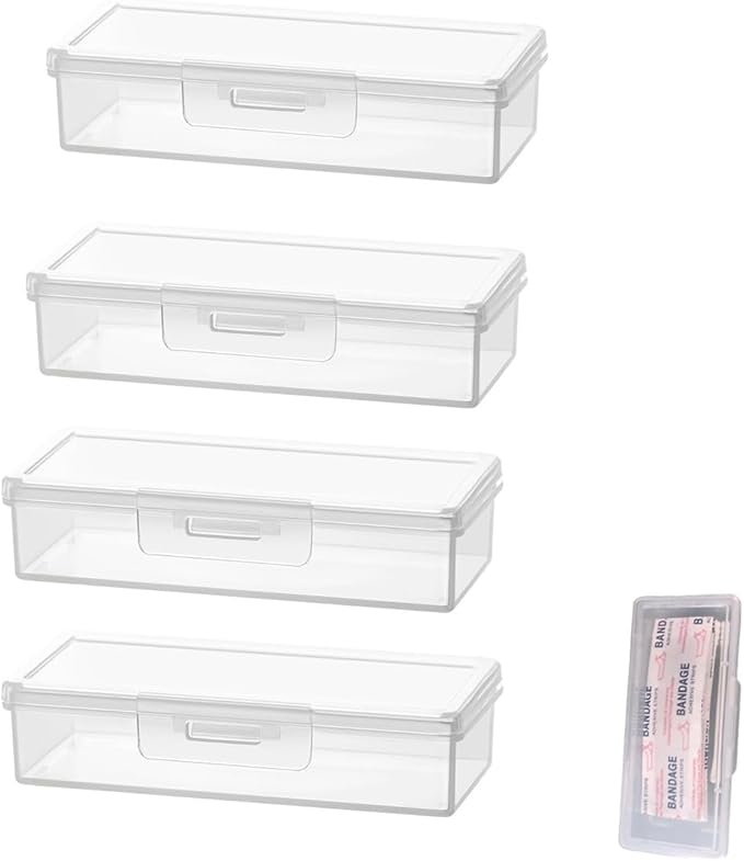 4 Pack Adhesive Bandages Organizer with Lid Clear Bandage Storage Box Containers Case Small Portable Travel First Aid Box for Flexible Fabric Adhesive Bandages Medicine Pills Capsules Camping