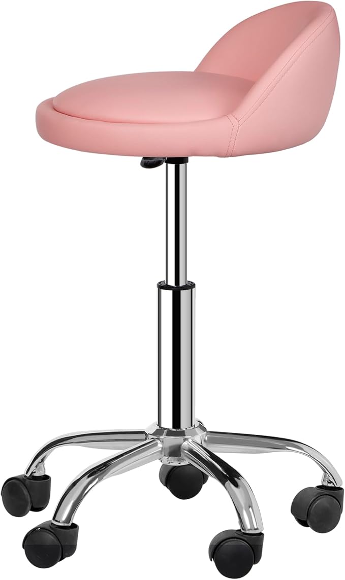 HomGarden Adjustable Hydraulic Rolling Swivel Stool for Massage Salon Office Facial Spa Medical Tattoo Chair Stool w/Backrest Cushion & Wheels (Pink)