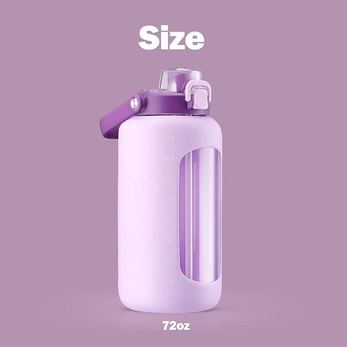 72oz Glass Water Bottle with 2-IN-1 Straw &Chug Lid, Large Motivational Glass Bottle with Capacity Marker and Silicone Sleeve, 2.1Liter Gallon Water Jug for Home, Sports, Gym, BPA Free-Light Purple