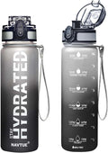 Water Bottle, 32oz Sports Water Bottles with Time Marker Wide Mouth, Motivational and Leakproof Drink Bottle, BPA Free Tritan with Carry Strap for Gym Fitness Outdoor (1 Bottle)