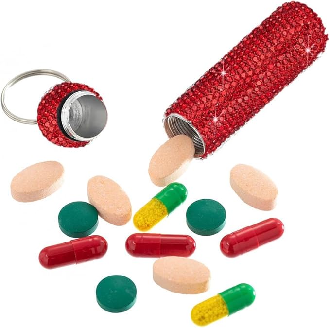 Bling Rhinestone Pill Case Portable Waterproof Pocket Pill Holder Bottle Storage with Keychain for Travel, Outdoor, Camping (red)