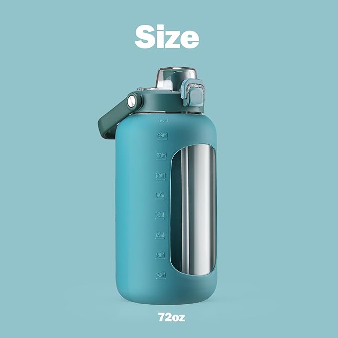 72oz Glass Water Bottle with 2-IN-1 Straw &Chug Lid, Large Motivational Glass Bottle with Capacity Marker and Silicone Sleeve, 2.1Liter Gallon Water Jug for Home, Sports, Gym, BPA Free-Green