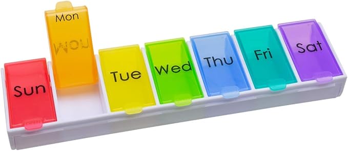 Ezy Dose Weekly (7-Day) Pill Case, Medicine Planner, Vitamin Organizer Box, Convenient and Easy to Use, Detachable Compartments, Travel Friendly, Rainbow Colors, BPA Free