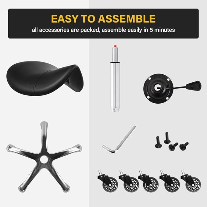 Heavy Duty Saddle Rolling Stool with Wheels Hydraulic Swivel Adjustable Rolling Stool Ergonomic Thick Leather Seat Chair for Kitchen Drafting Lab Office Salon Massage – Black