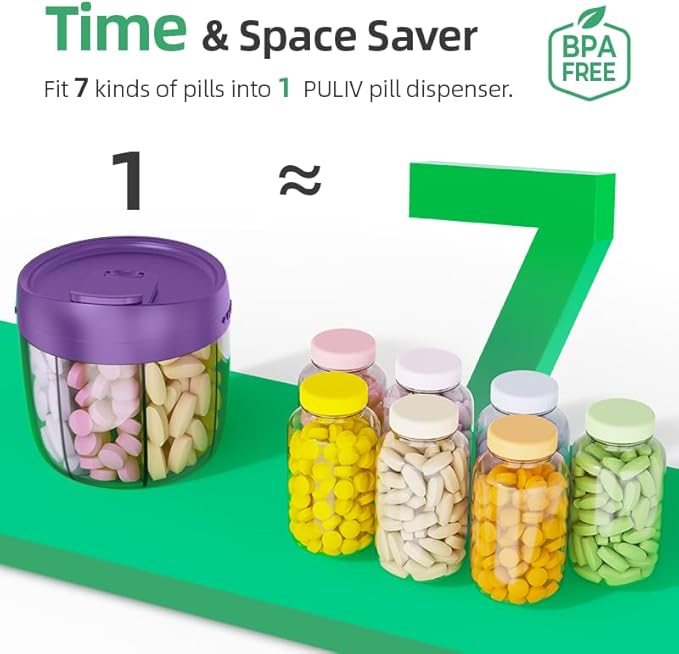 PULIV Portable Pill Dispenser Bottle, Vitamin Organizer with 7 Compartments, Holds Plenty of Supplements with Anti-Mixing & Wide Openings Design, Easy to Retrieve Meds, Includes 20 Labels Dark Purple