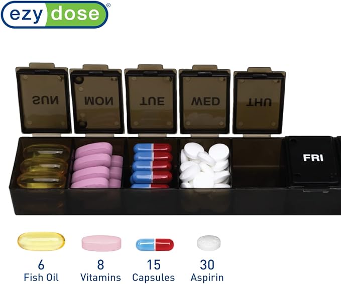 EZY DOSE Weekly 7-Day Pill Organizer, X-Large Vitamin and Medicine Box, Spacious Compartments for Pills and Supplements, Durable Black Design, Easy-Open Lids, Perfect for Home and Travel Use