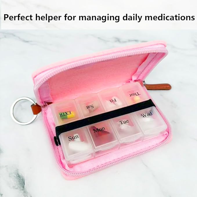Pill Case for Vitamin and Supplement Organizer, EFFIET 7-Day Portable Cute Little Pill Box with Fabric Cover (Pink)