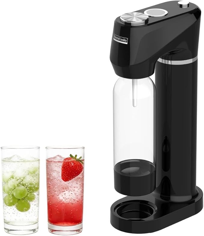 Home Sparkling Water Soda Maker with 2 BPA-Free Bottles (1L + 0.5L) - Carbonated Water Seltzer Fizzy Drink Machine, Compatible with Screw-In 60L CO2 Carbonator (Not Included), Black
