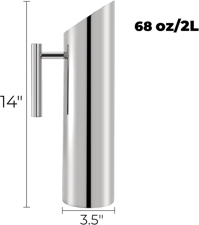 Hiceeden Stainless Steel Water Pitcher, 68oz/2L Modern Metal Pitcher with Ice Guard, Silver Carafe Drink Jug with Handle, Homemade Beverage Container for Juice, Coffee, Milk, Iced/Hot Tea