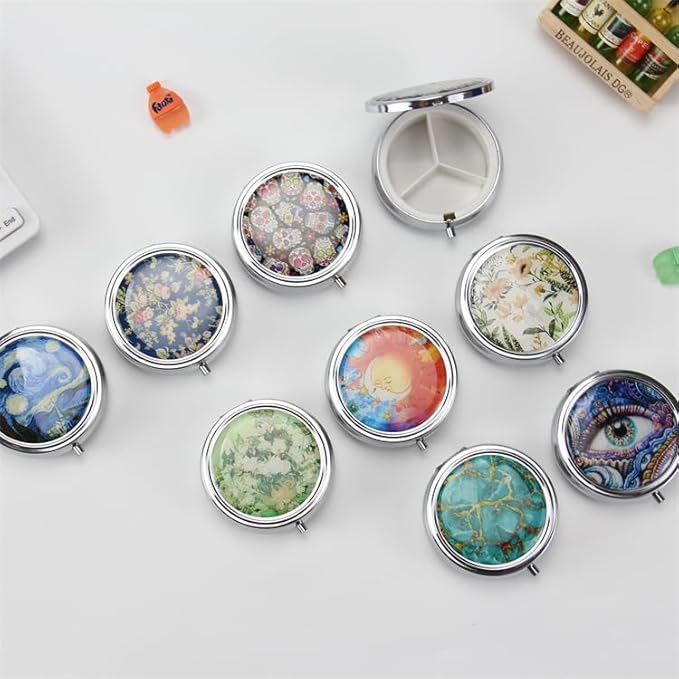 3-Compartment Pill Organizer with Mirror Retro Small Bronze Pill Case for Purse, Floral Design Travel Pill Box for Vitamins, Fish Oil, Supplements | Portable & Compact (Color G, One Compartment)