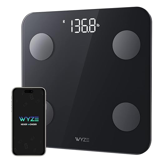 Wyze Scale S, Scale for Body Weight, Digital Bathroom Scale for Body Fat, BMI, Muscle, Heart Rate, Body Composition Analyzer with App, Batteries Included, Bluetooth, 400 lb, Black
