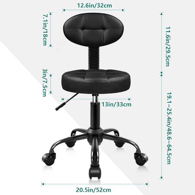 Round Stool with Back for Work SPA Shop Home Massage Height Adjustable Swivel Stool Chair with Wheels (Black)