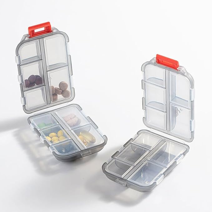 Weekly Travel Pill Organizer Box, 10 Compartments Small Fold Medicine Case Holder, Daily AM PM Morning Night Pocket Travel Capsule Dispenser for Vitamin, Fish Oil, Supplement, Tablet, Grey