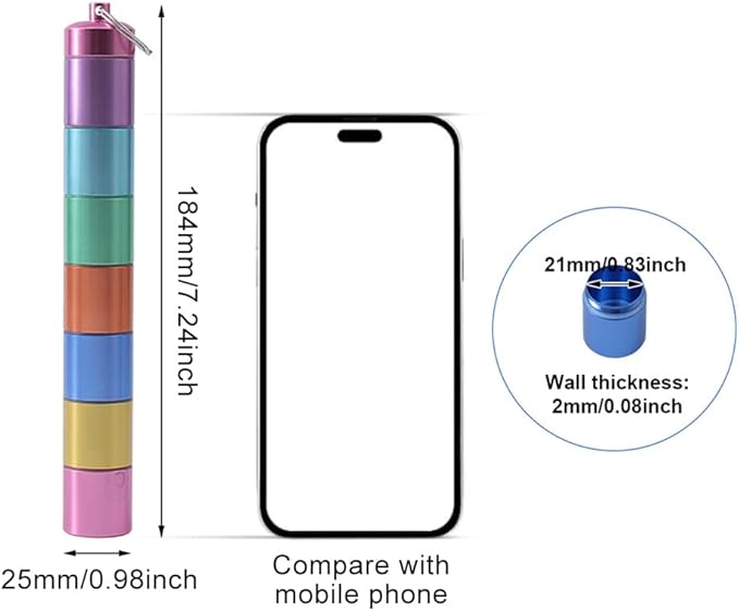 Pill Box Organiser, Portable Weekly Pill Box, 7 Day 1 Times a Day Compartments Tablet Organiser Box, Rainbow Metal Pill Holder Waterproof Pill Case with Keychain for Outdoor Travel Camping Work