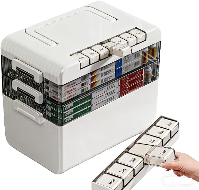 2026 New Model Release 3-Tier Portable Medicine Box Organizer Storage (Extra Large) 15.75x9.06x13.39 Inch，Buy 1 Large, Get 7 Small Free (Comes with 7 Daily Pill Cases)