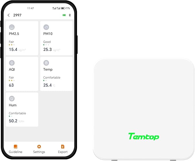 Temtop P1 Air Quality Monitor, PM2.5/PM10/Temperature/Humidity Sensor with Bluetooth App, AQI Tracking & Portable Design for Home, Office, Car, and Travel Use