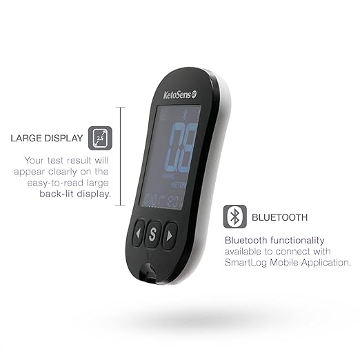 KetoSens Blood Ketone Monitoring Starter Kit with Bluetooth - Ideal for Keto Diet. Includes Meter, 10 Ketone Test Strips, 1 Control Solution Vial, 1 Lancing Device, 10 Lancets & Travel Case