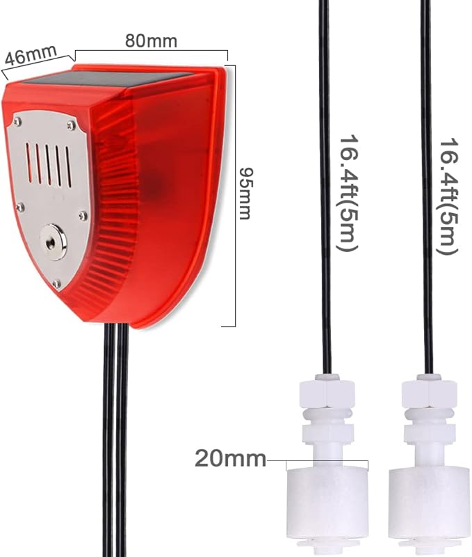 Solar Water Level Sensor, High/Low Water Level Alarm with Dual Probe, 129 dB Red Strobe Siren with Adjustable Volume, Bobber Water Detector, 16.4ft Detect Cord, IP55 Waterproof for Indoor /Outdoor