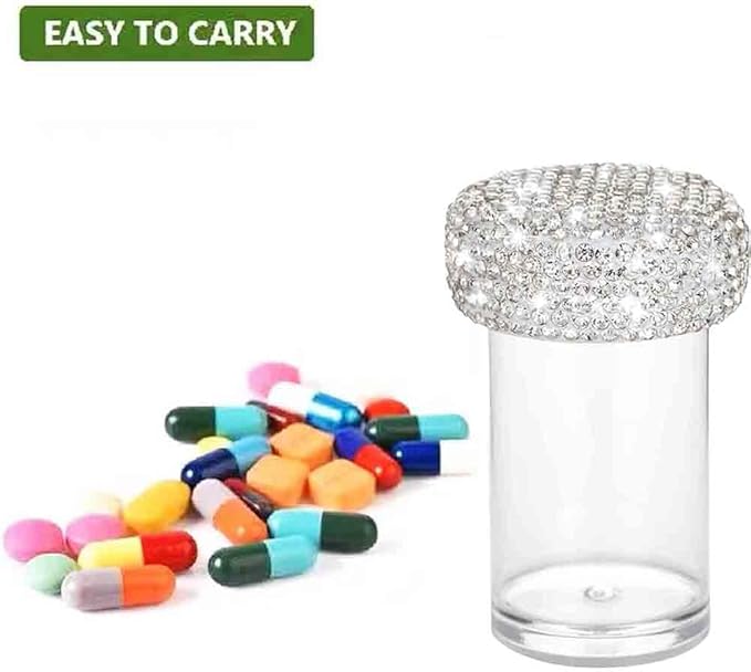 Bling Diamond Portable Waterproof Pill Case Medicine Dispenser Bottle Storage for Outdoor Camping Travel (White)