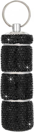 Rhinestone Mini Pills Organizer with Keychain, Portable 3 Compartment Small Travel Pill Holder, Waterproof Medicien Case Dispenser Bottle, Crystal Pocket Pill Box (Black)