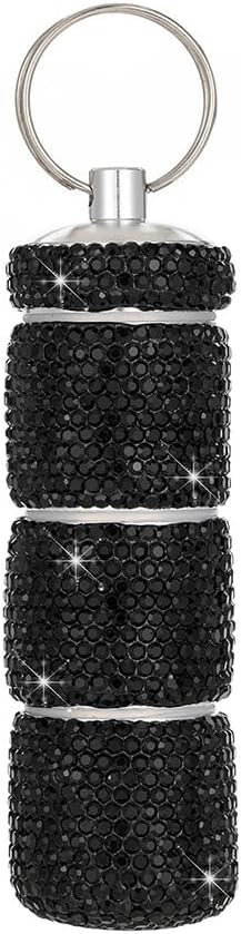 Rhinestone Mini Pills Organizer with Keychain, Portable 3 Compartment Small Travel Pill Holder, Waterproof Medicien Case Dispenser Bottle, Crystal Pocket Pill Box (Black)