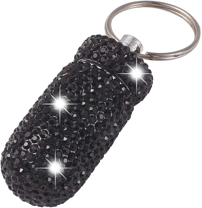 XhuangTech Waterproof Keychain Pill Box Bling Round Medicine Organizer Holder Container Aluminum Portable Mini Bottle Storage Case for Outdoor Travel Camping Purse Pocket (Black)