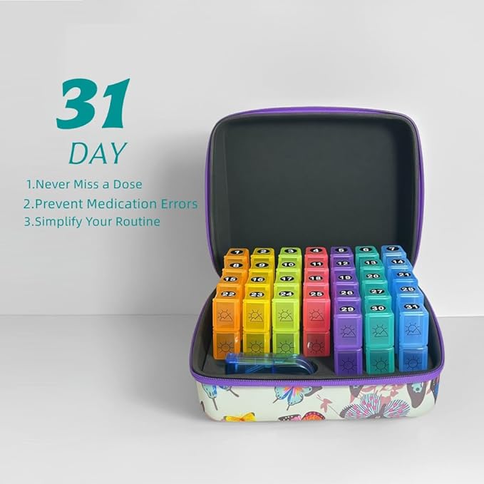 Monthly Pill Organizer, 31-Day Medicine Box with Hard Shell Case, 3 Times Daily Dosage Schedule, Plastic Rectangular Design, Includes Pill Cutter and Monthly Weekly Stickers (Butterfly)
