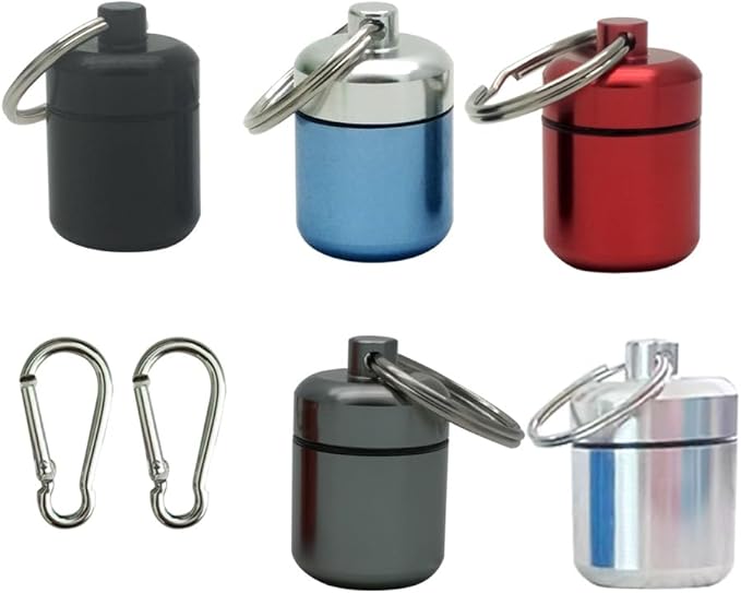 FAYALA 5 Packs Aluminum Pill Organizers, Waterproof Metal Pill Holder with Keychain