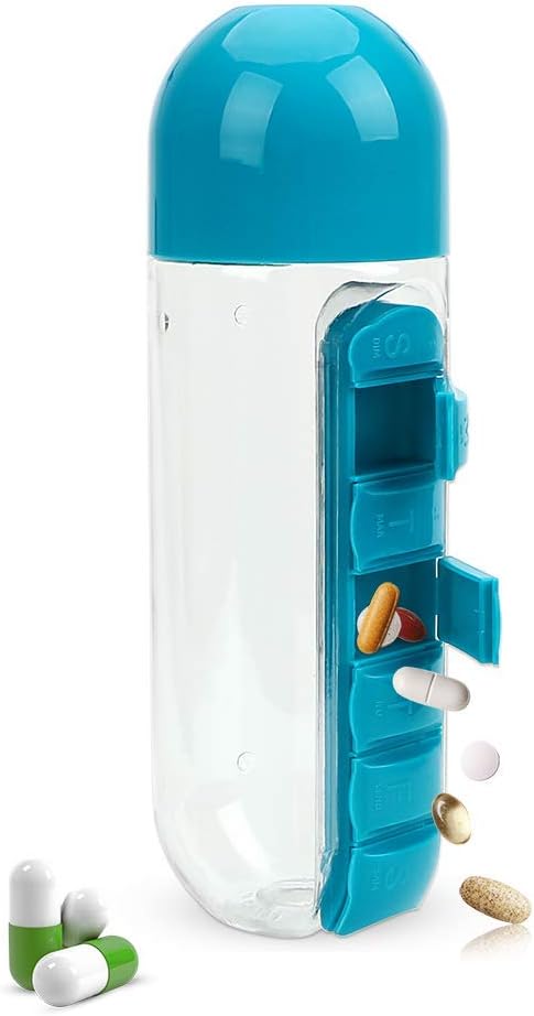 Weekly Pill Box & Water Bottle 7 Day Pill Case Portable Storage Pill Box of Daily Fill Medicine Separated Pill Cases Design, Blue