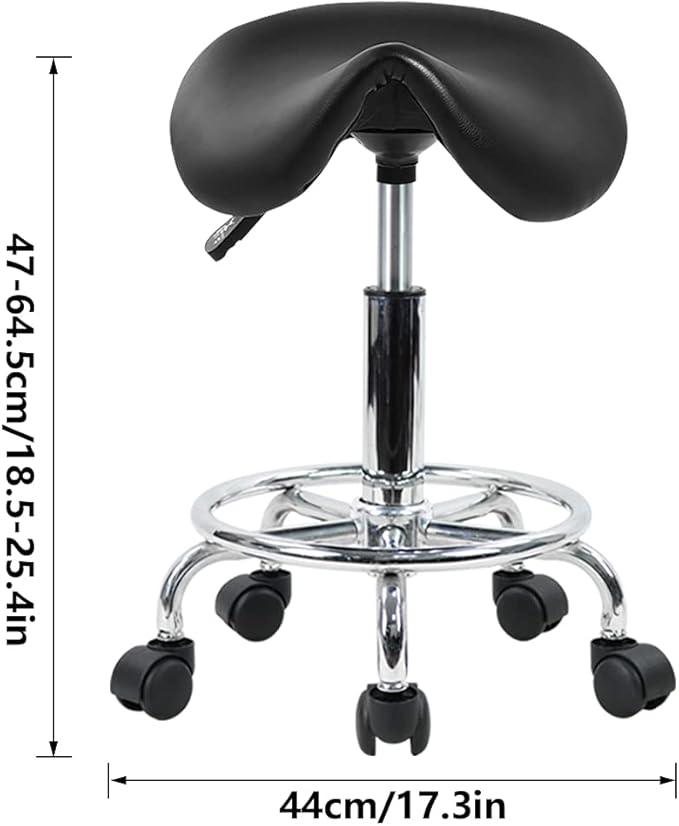 KKTONER Saddle Stool with Foot Rest PU Leather Swivel Adjustable Rolling Stool with Wheels Facial Salon Chair (Black)