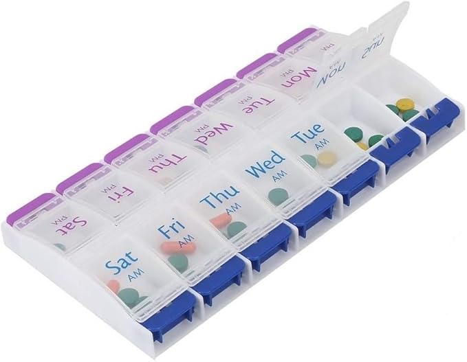 Comfort Axis Large Weekly Pill Organizer, 7 Day 2 Times a Day, AM/PM, White Plastic, Portable, Includes Travel Bag