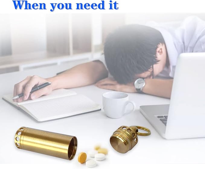 Pill Holder Keychain Container,Portable Mini Brass Waterproof Pill Box for Purse Pocket,Small Pill Case for Outdoor Travel Camping Daily Use