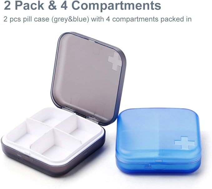 2 Pack Portable Travel Pill Organizer Case for Pocket or Purse Cute Small Daily Pill Box BPA Free Plastic Medicine Vitamin Holder Container (4 Compartments)
