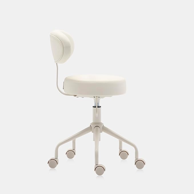 Adjustable Height Hydraulic Rolling Swivel Stool Chair with Metal Base and Faux Leather Cushion for Salon, Medical, Office and Home, 503 Kai Series, Round Seat with Backrest, Vanilla
