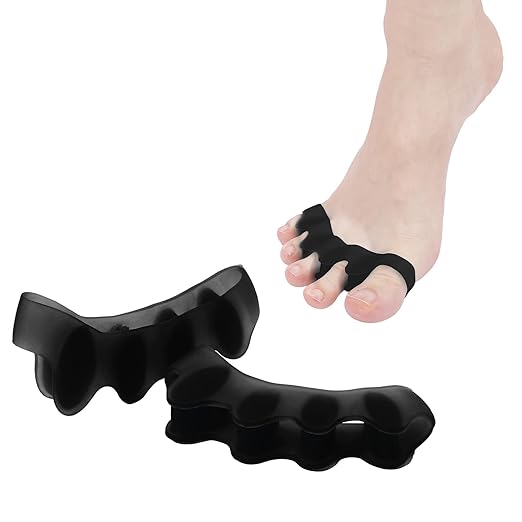 Silicone Toe Separators for Women & Men - Toe Spacers for Bunion Relief, Hammer Toe, Plantar Fasciitis & Pedicures | Includes Metatarsal Pad & Therapeutic Yoga Cushion for Foot Pain(2pcs,Black)