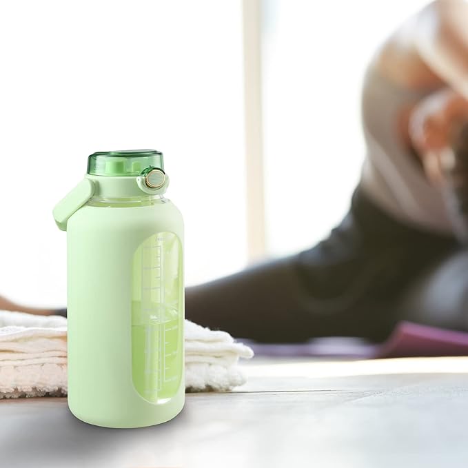 Glass Water Bottle with Straw and Handle Lid Half Gallon Motivational Glass Bottle with Silicone Sleeve and Time Marker Large Reusable Sports Water Jug for Gym Home Workout