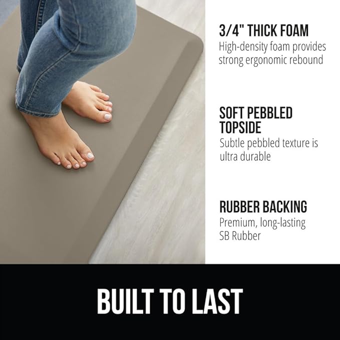 GORILLA GRIP Comfortable Cushioned Kitchen Mats for Floor, 39x20, Waterproof and Stain Resistant Soft Top, 3/4 Inch Thick Ergonomic Standing Desk Anti Fatigue Mat, Foam Supports Ankles and Feet, Taupe
