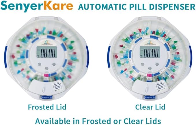 28-Day Automatic Pill Dispenser with Alarm for Elderly, Sound & Light Alerts, Easy-Read Display, 6 Dosage Templates, Locked Frosted Lid Medication Dispenser for Protecting Pills Privacy